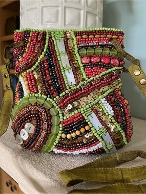 Vintage Maximalist Beaded Shell Mosaic Flat Pouchette Bag Raw Silk Texture
